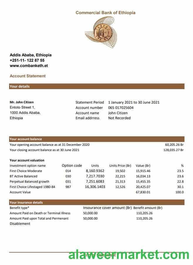 Ethiopia Commercial Bank statement easy to fill template in Excel and PDF format